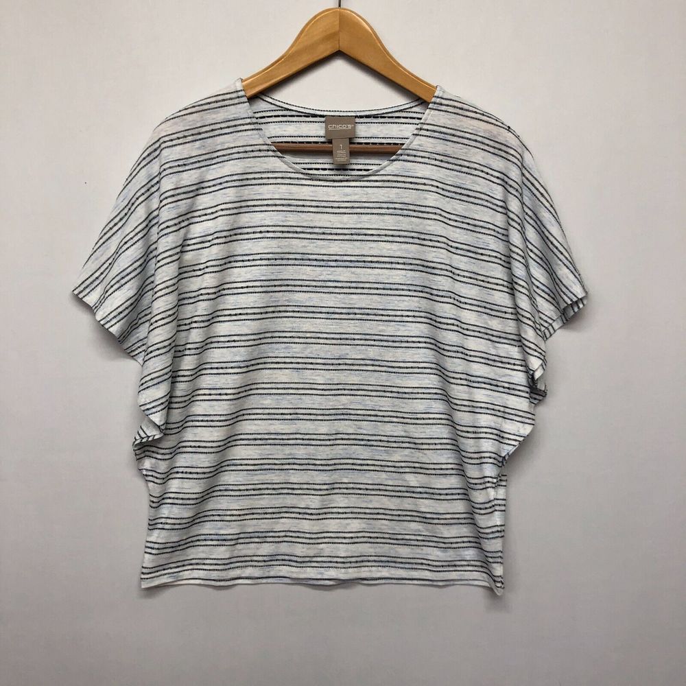Chico's Women Blouse Top Shirt Size 1 Stripe Flutter Sleeve M116 -18